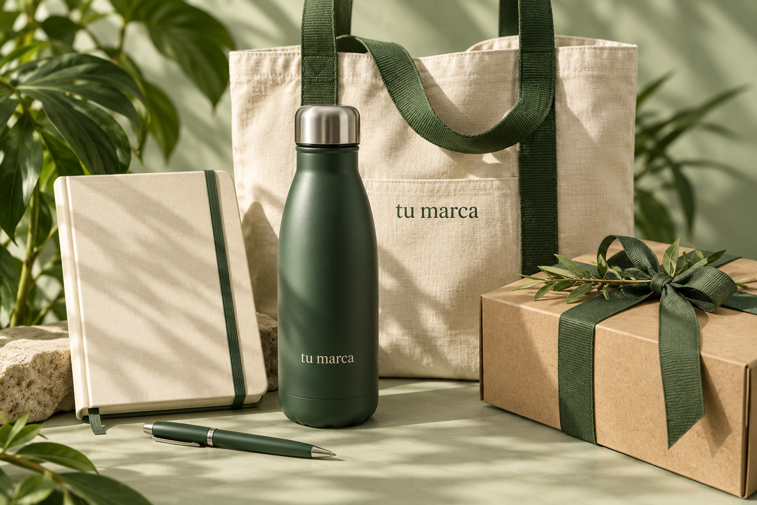 Concepto ilustrativo de botella, bolso, libreta y caja de regalo en tonos verdes